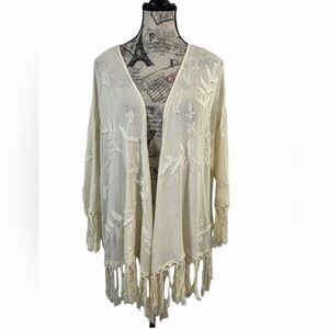 Chelsea & Violet Cream Floral Boho Embroidered Cardigan| Fringe Sleeves & Hem| M